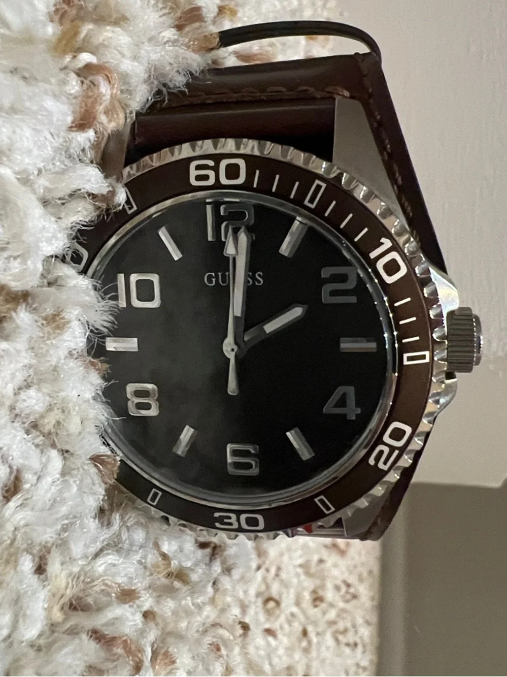 Guess Men's Brown Leather Strap Watch with Dark Green Dial